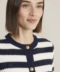 Cashmere Waffle-Knit Striped Crewneck Sweater