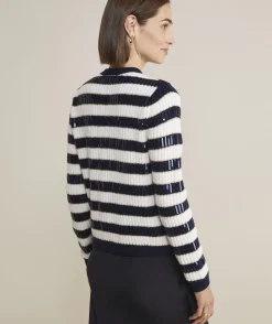 Cashmere Waffle-Knit Striped Crewneck Sweater