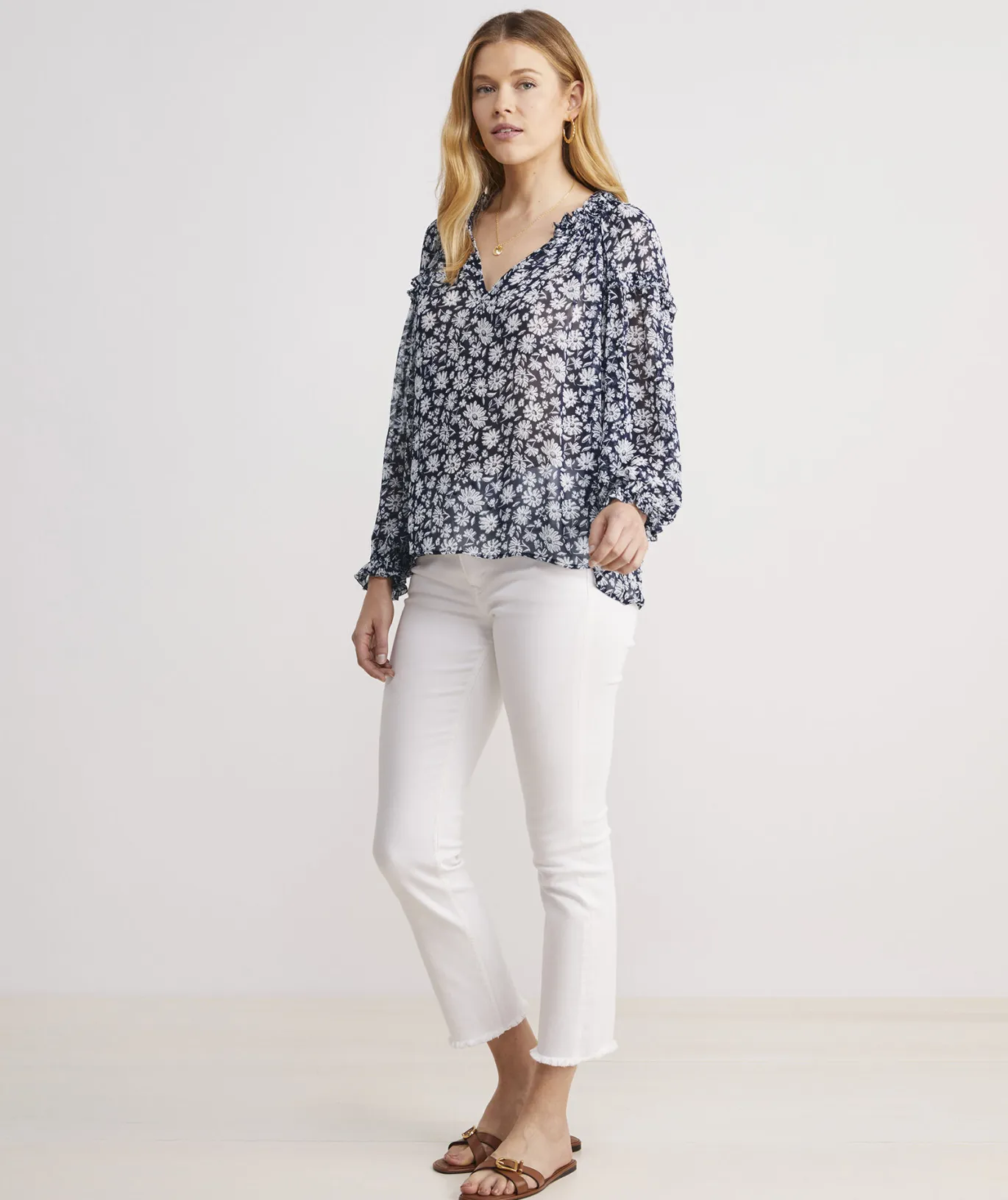 Harbor Seersucker Grid Print Ruffle Popover