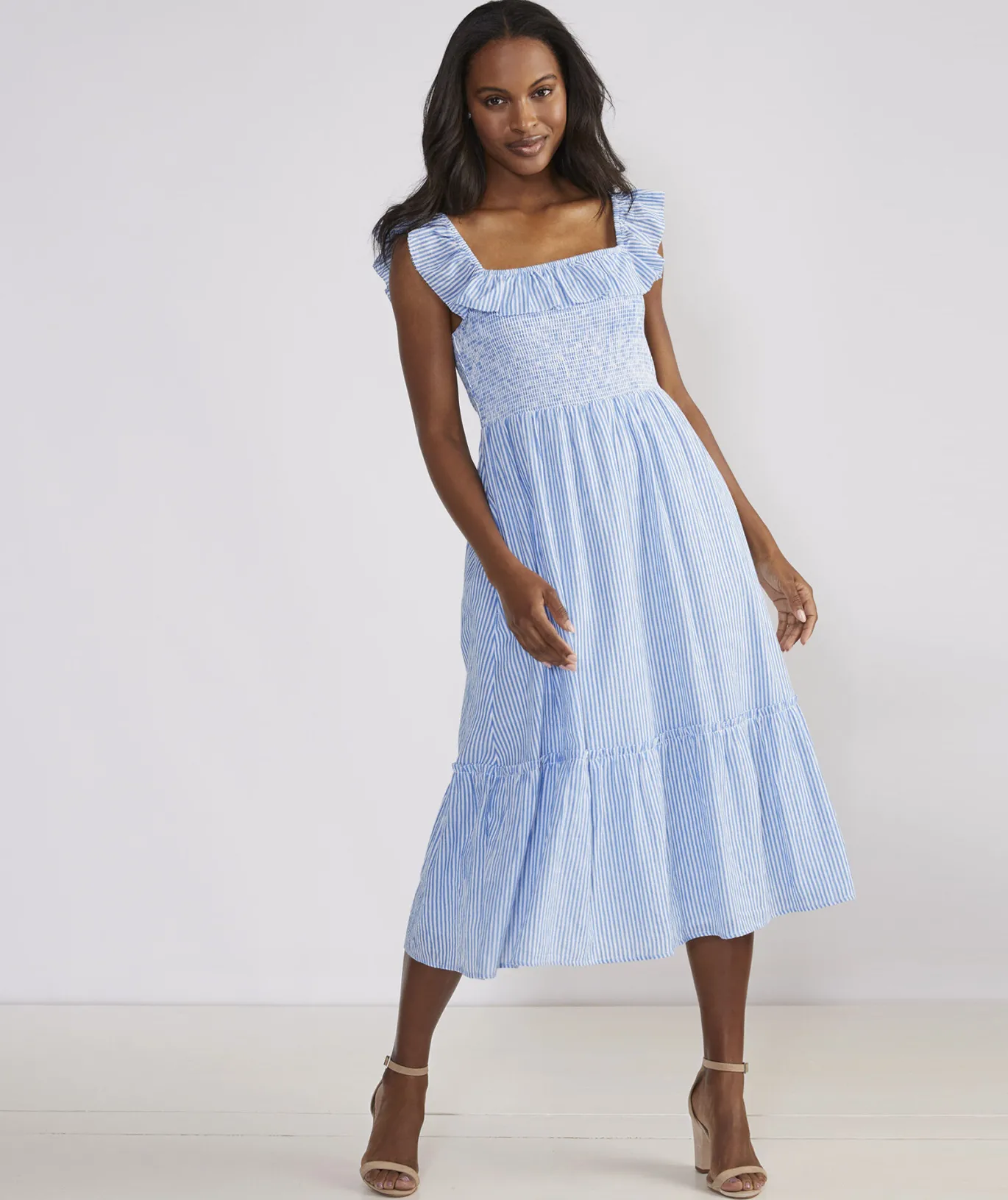 Striped Smocked Midi Dress